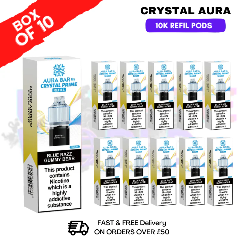 Blue Razz Gummy Bear Crystal Prime 10K Refil Pods Box Of 10
