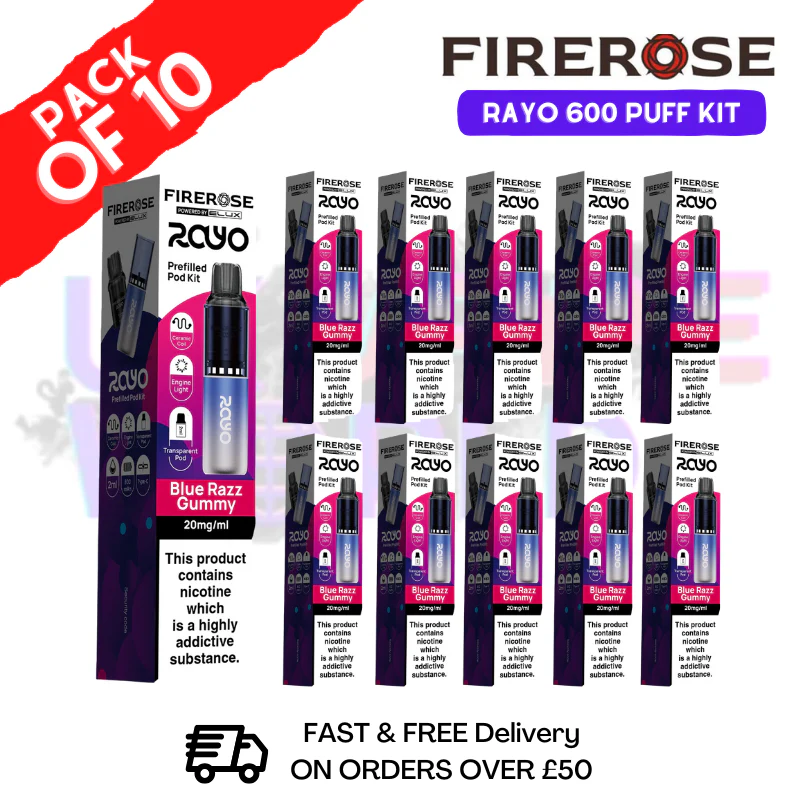 Blue Razz Gummy Firerose 600 Puff Vape Kits Box of 10