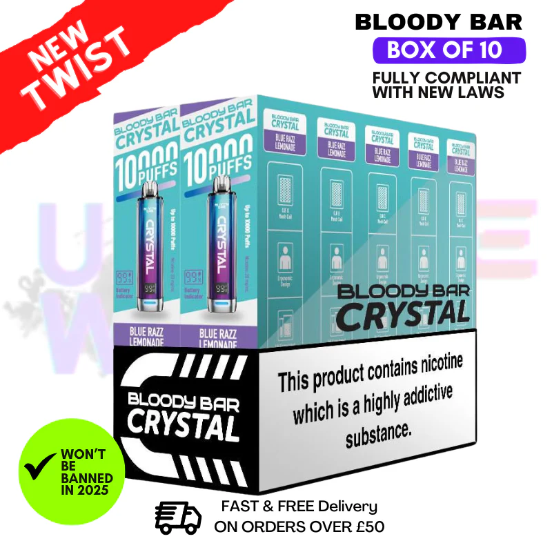 Blue Razz Lemonade Bloody Bar Crystal 10K Puff Box Of 10