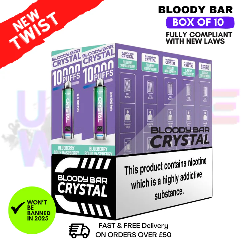 Blue Sour Raspberry Bloody Bar Crystal 10K Puff Box Of 10