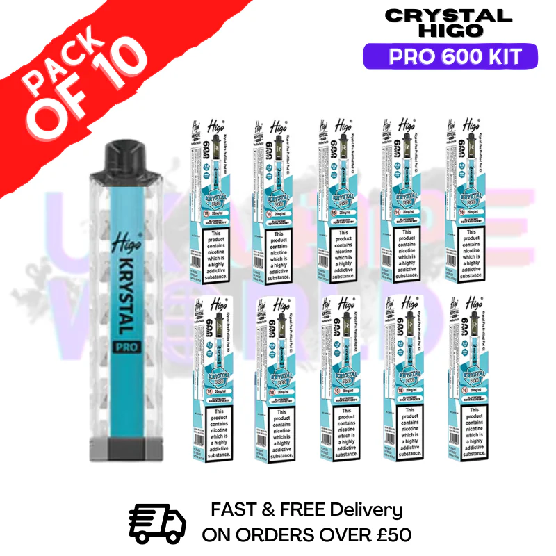 Blue Sour Raspberry HIGO Crystal Pro 600 Puff Kits Box Of 10