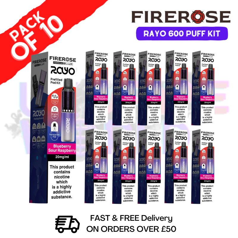 Blueberry Sour Raspberry Firerose 600 Puff Vape Kits Box of 10