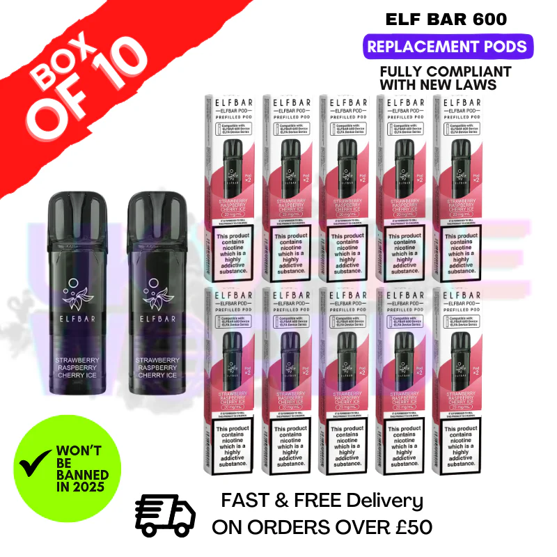 Elf Bar 600 Puff Strawberry Raspberry Cherry Ice Replacement Pods Box of 10