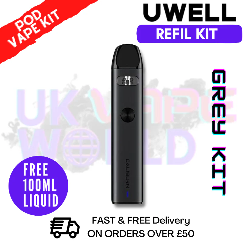 Grey Uwell Caliburn A2 Pod Kit + Free 100ML E Liquid