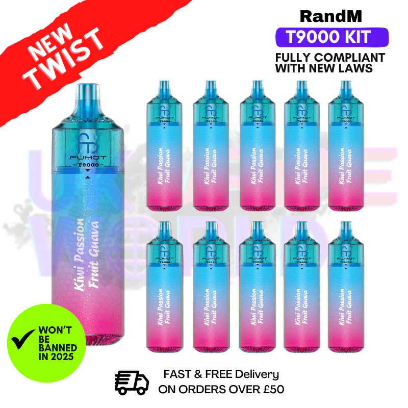 Kiwi Passion Fruit Guava Randm T9000 Puffs Box Of 10