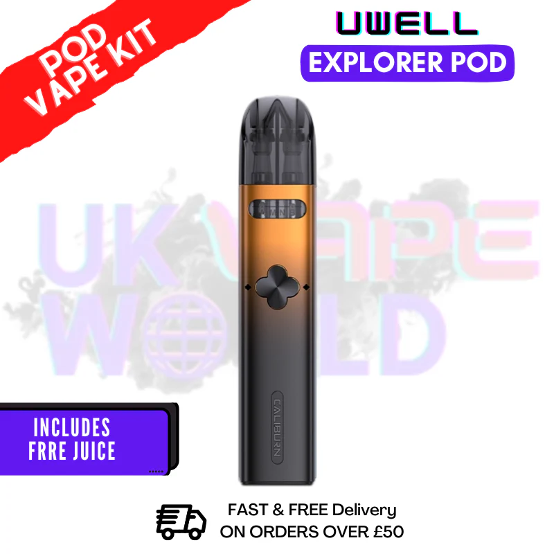 Orange & Black Uwell Caliburn Explorer Pod Kit + Free Nic Salt