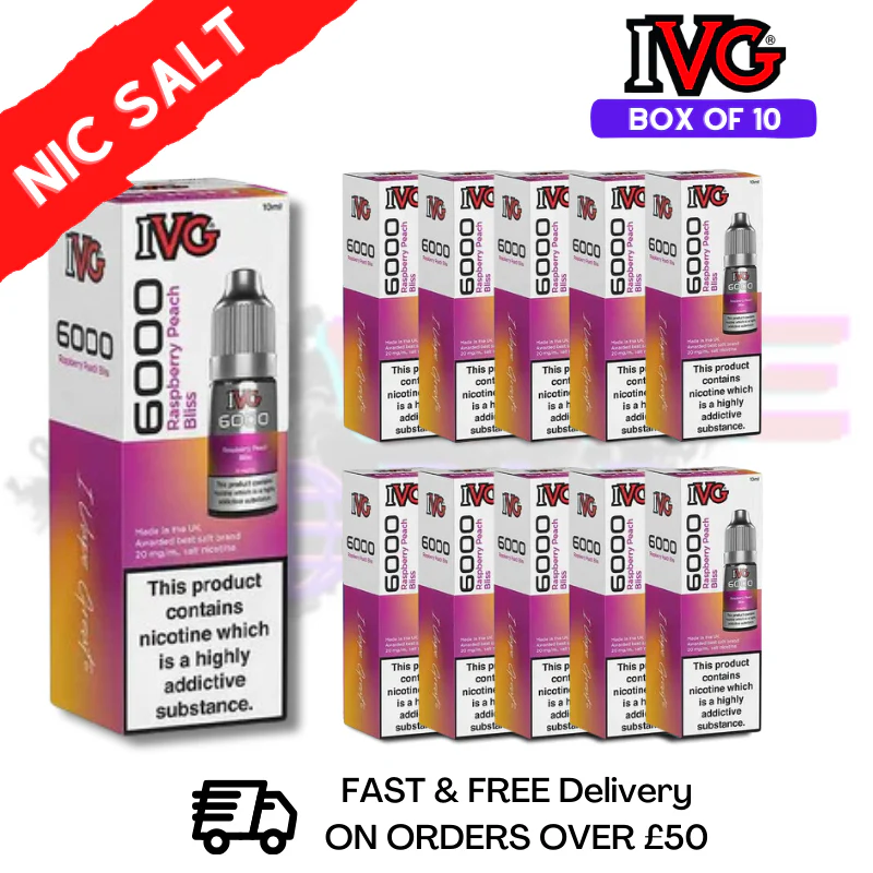 Raspberry peach bliss IVG 6000 Box Of 10 Nic Salt