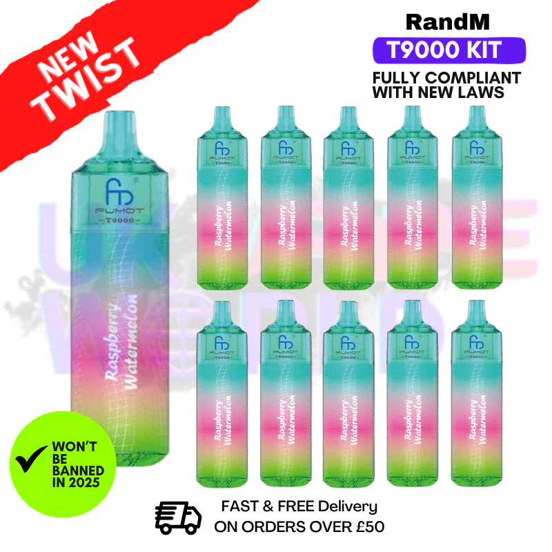 Raspberry Watermelon Randm T9000 Puffs Box Of 10