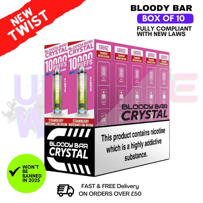 Straw Water Bubblegum Bloody Bar Crystal 10K Puff Box Of 10