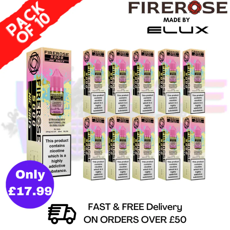 Strawberry Watermelon Bubblegum Firerose 5000 Nic Salt Box Of 10